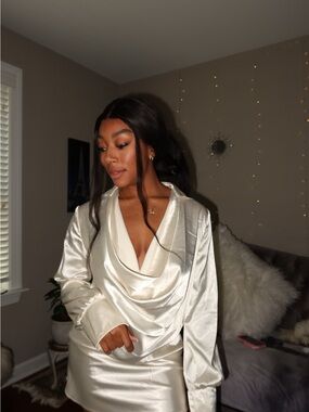 Silky Cowl Neck Satin Top and Skirt Set - Ivory